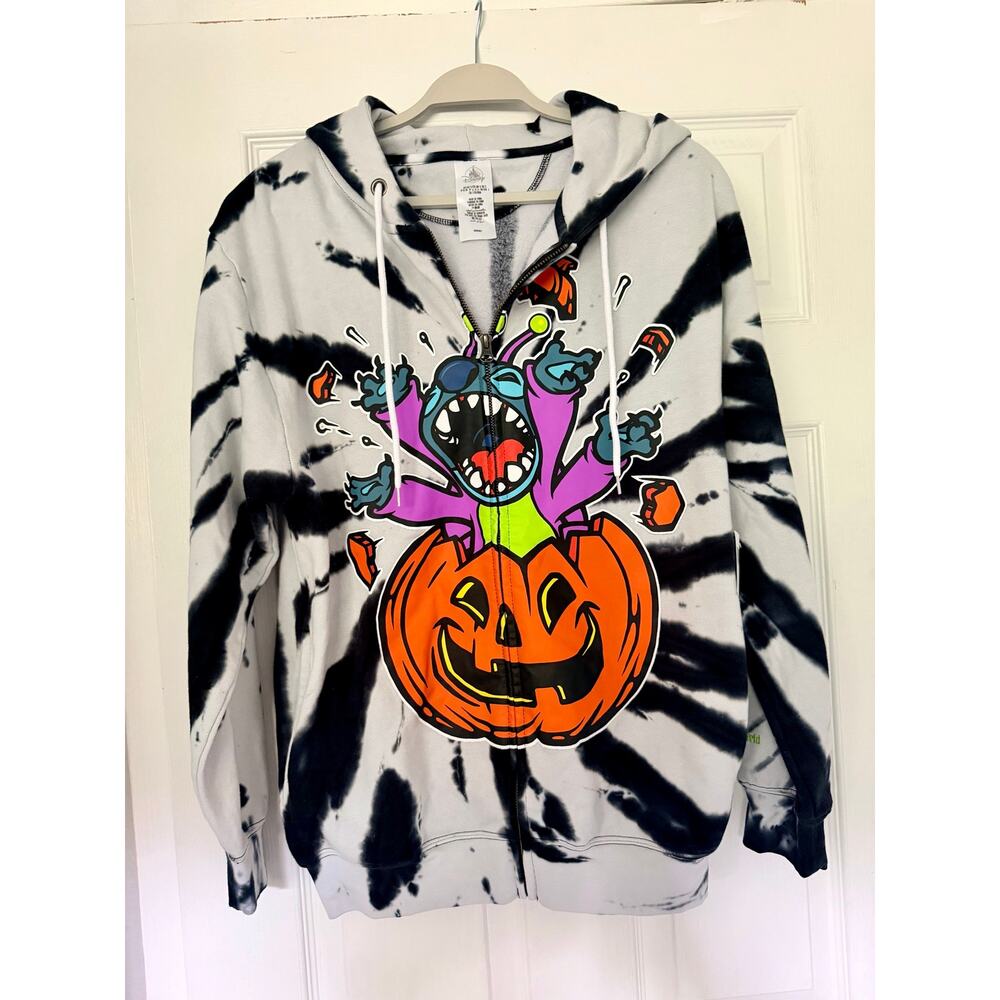 NWT Disney Parks Stitch Halloween Pumpkin Tie Dye Zip Hoodie Jacket Small
